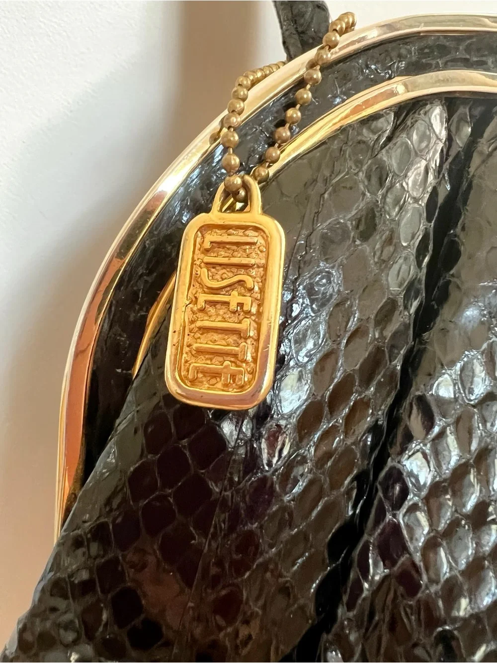 Vintage 70s/80s Black Glossy Snakeskin Convertible Clutch Purse Lisette